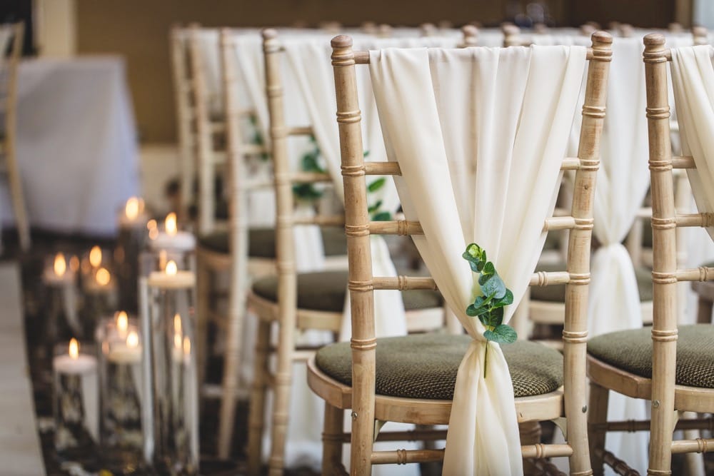 White Chiffon Drop Chair Decoration with Artificial Eucalyptus Sprig