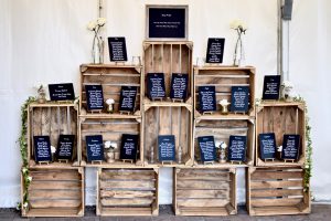 Large Rustic Seating Plan Using Wooden Apple Crates and A5 Chalkboards