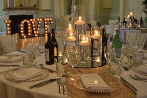 Cylinder Vase Centrepiece, Champagne Blush Sequin Table Runner, Rose Gold Beaded Charger Plates and LOVE Letters