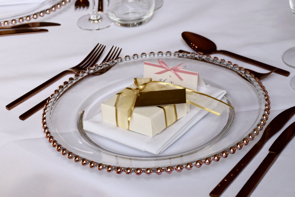 Rose Gold Beaded Charger Plate, Gold Cutlery and Favour