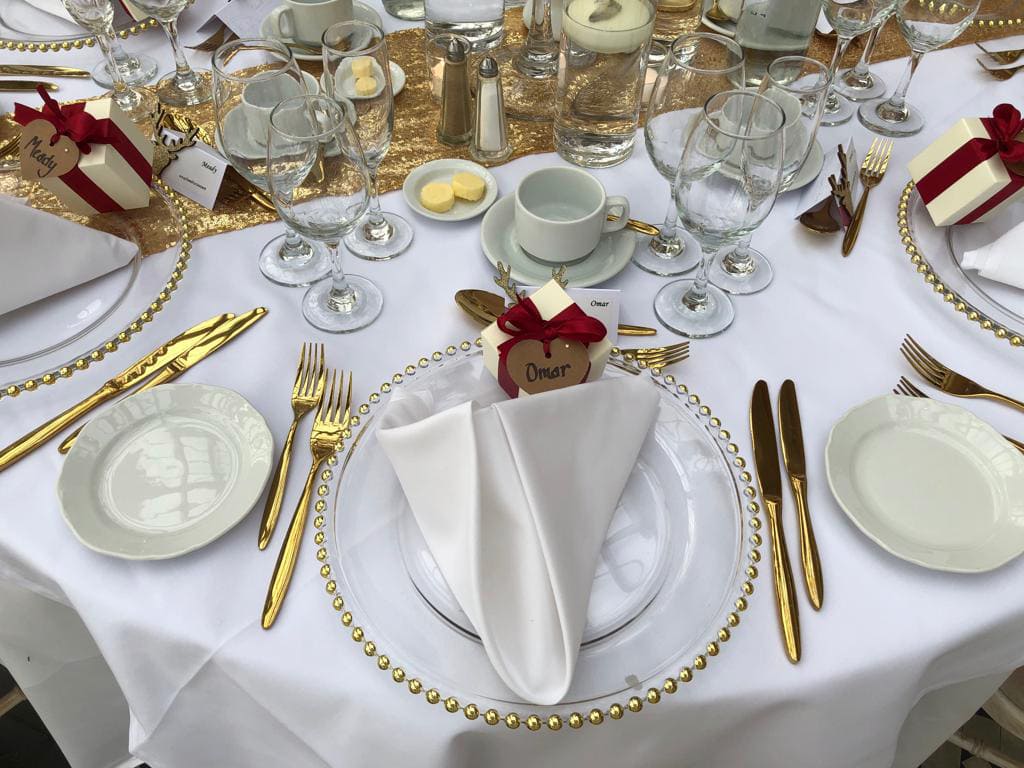 Gold Beaded Charger Plates and Gold Cutlery