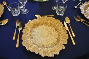 Gold Floral Leaf Charger Plate, Gold Cutlery and Navy Table Cloth