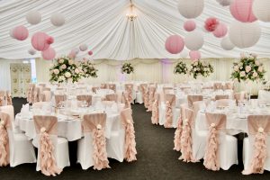 White Spandex Chair Covers with Blush Pink Ruffle Hoods