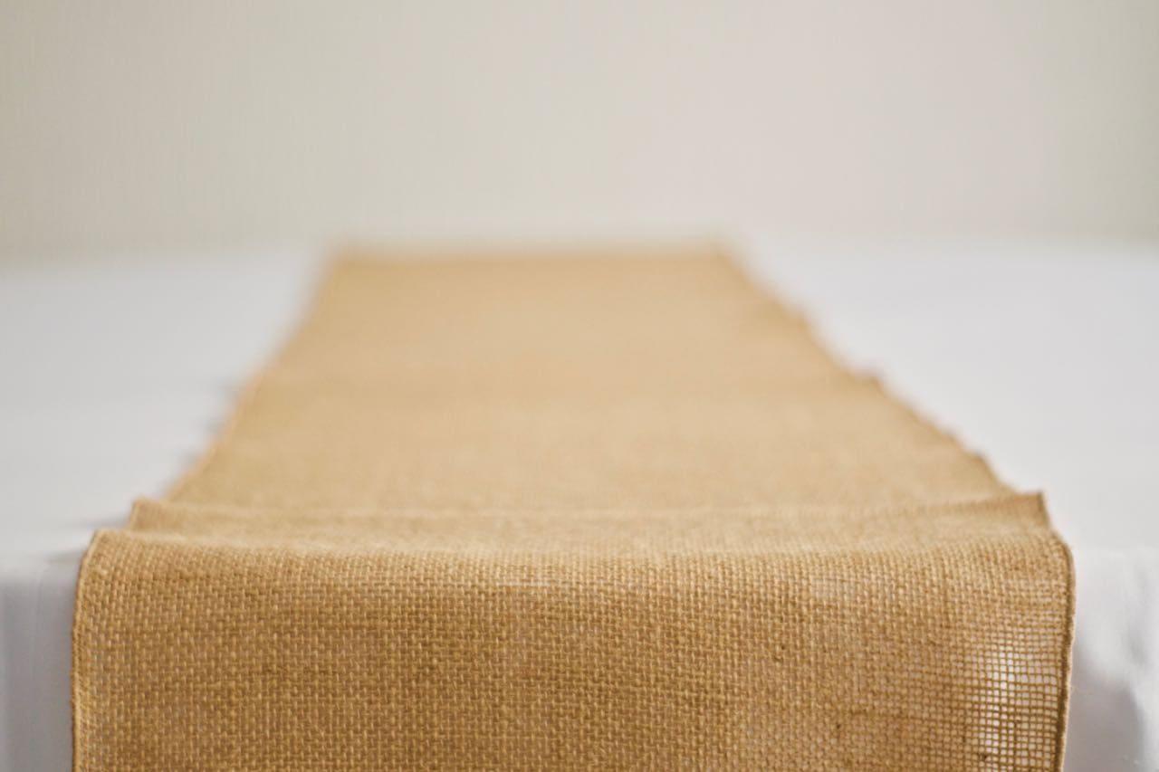 Hessian Table Runner on White Table Cloth