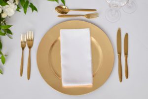 Gold Plastic Foil Charger Plate, White Napkin and Gold Cutlery