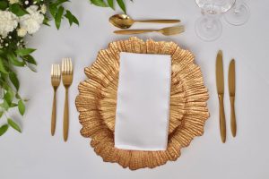 Gold Floral Leaf Charger Plate with Gold Cutlery and White Napkin