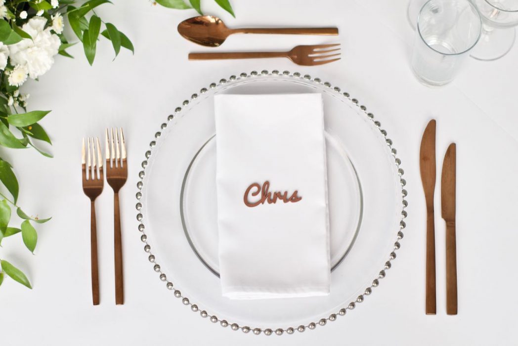 Silver Beaded Charger Plate with White Napkin, Rose Gold Laser Cut Wooden Place Name and Rose Gold Cutlery
