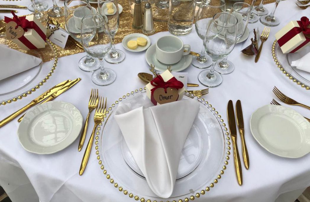 Gold Beaded Charger Plates and Gold Cutlery
